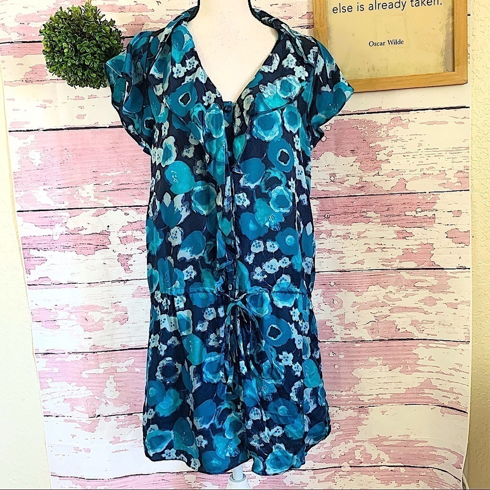 REBECCA TAYLOR Blue Printed Button Up Mini Shift Dress size 2 V-neck Party